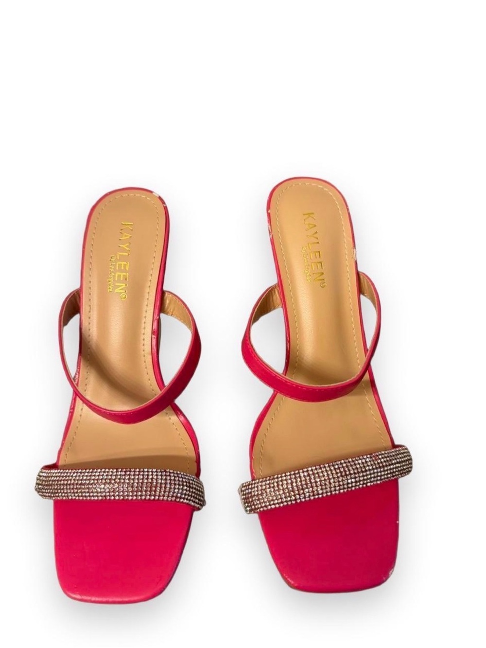 KAYLEEN By Los Angeles Hot Pink Crystal Strap Slide Heels